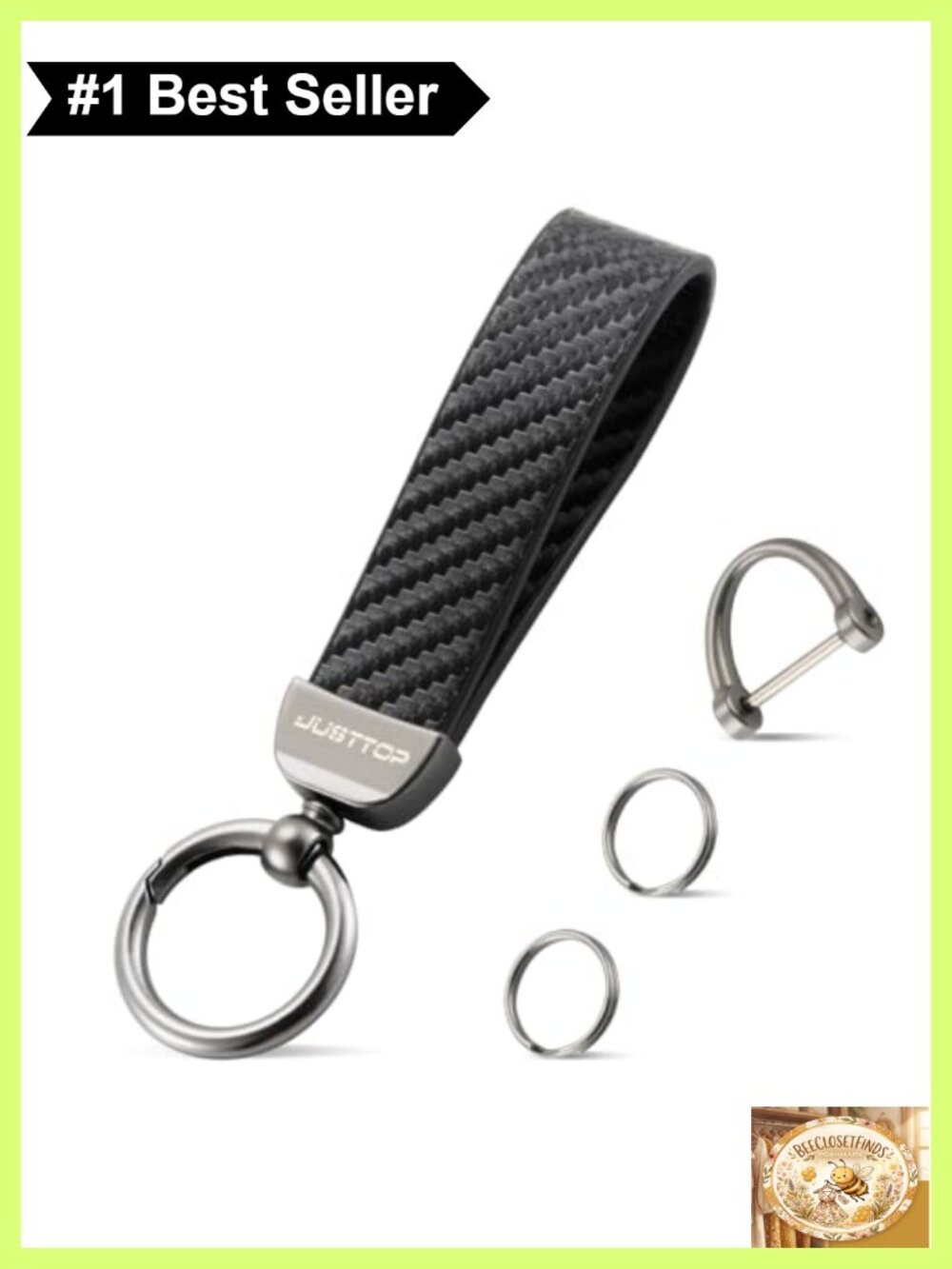 Leather Carbon Fiber Keychain Wristlet with Anti-Lost D-Ring & 2 Key Rings